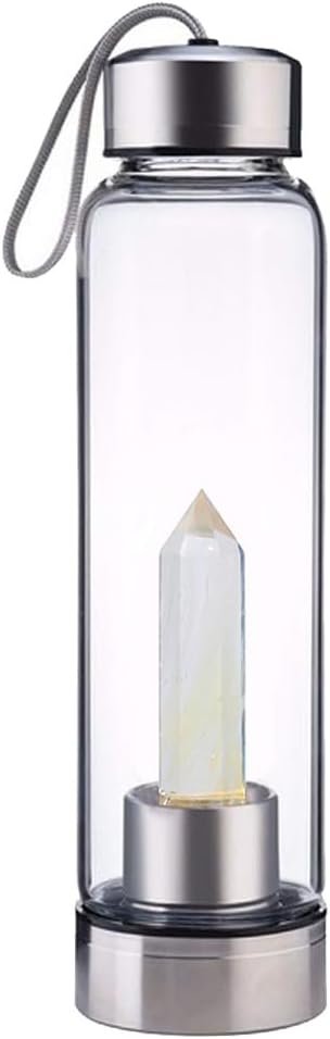 Crystal Glass Water Bottle,Water Bottle With Gemstone Center Crystal Elixir Bottle,Removable Gemstones Creative Water Cup Crystal Column Magic Wand Energy Cup for Gifts (P-Yellow Smelting Stone)