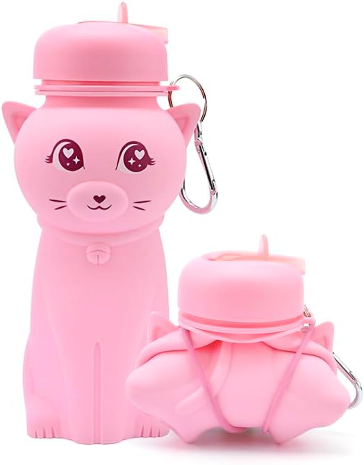 Cat Water Bottle,Collapsible Water Bottle for Kids,Cute Water Bottles -kawaii Cat Appearance - Portable Leak Proof with Roll Up Foldable Silicone Features for Sports，BPA Free (pink)