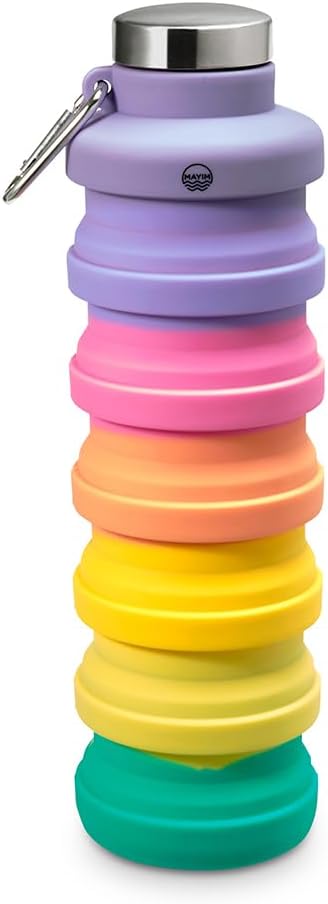 Mayim Collapsible Water Bottles Silicone Travel Tumbler with Clip for Backpack, Reusable Portable Sport Water Bottle for Gym, Camping, Hiking or Airport, 24 Oz Purple Mint Pastel