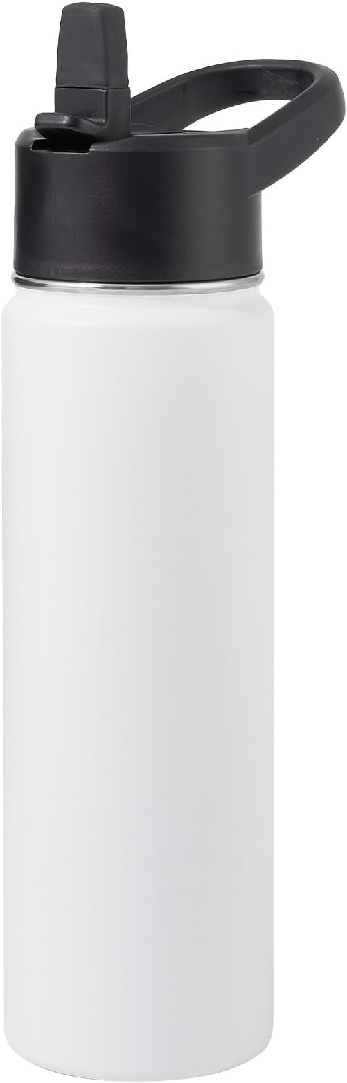 Stainless Steel Water bottle with Straw & Wide Mouth Lid, Wide Rotating Handle, 24oz Double Wall Vacuum Insulated Water Bottle Leak Proof, BPA Free, Keep Cold and Hot, 24oz, White