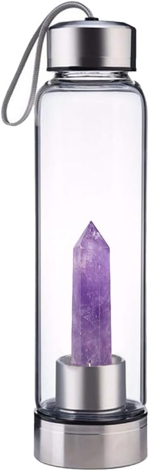 Crystal Glass Water Bottle,Water Bottle With Gemstone Center Crystal Elixir Bottle,Removable Gemstones Creative Water Cup Crystal Column Magic Wand Energy Cup for Gifts (Q-Amethyst)