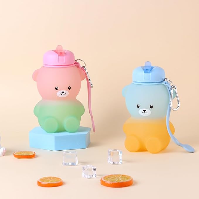 Collapsible Silicone Water Bottle，kawaii water bottle,500ml(16.9 oz),cute water bottles For Girls,School,Sports,Hiking, Backpacking, Camping, Walking, BPA Free(cute bear)