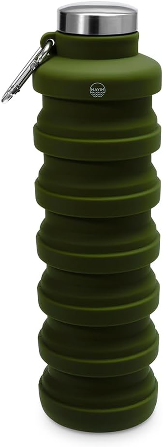 Mayim Collapsible Water Bottles Silicone Travel Tumbler with Clip for Backpack, Reusable Portable Sport Water Bottle for Gym, Camping, Hiking or Airport, 24 Oz Olive