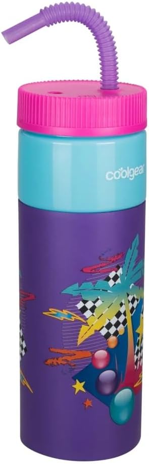 COOL GEAR 24oz Plastic Retro Squishy Water Bottle (palm-trees, purple)