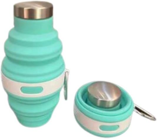 Collapsible Silicone Water Bottle with Carabiner, 475ml/17oz, BPA-Free, Leak-Proof, Lightweight & Durable for Travel, Gym, Camping (Cyan)