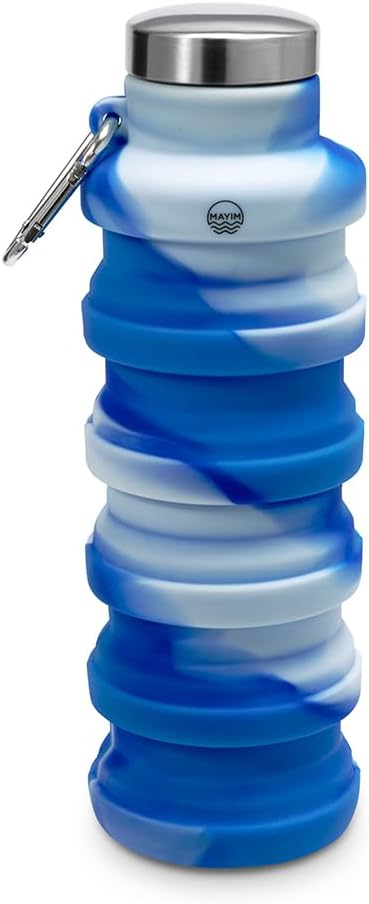 Mayim Collapsible Water Bottles Silicone Travel Tumbler with Clip for Backpack, Reusable Portable Sport Water Bottle for Gym, Camping, Hiking or Airport, 17 Oz Blue & White Tie Dye