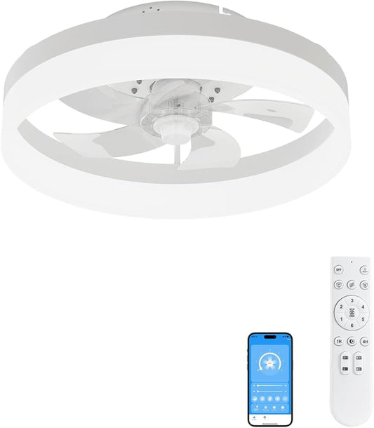 Flush Mount Modern Ceiling Fan with Lights Remote, 6 Speed Low Profile Ceiling Fan, 20-Inch, White(5-Blades) for Living Room,Bedroom,Kids Room,Small Room