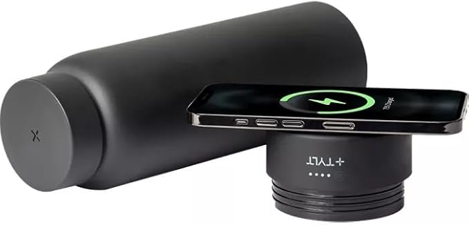 TYLT Power Bottle 2.0, All-In-One 24 oz Stainless Steel Wide Mouth Water Bottle & Removable 5700 MAH Portable Power Bank, Dishwasher Safe, Cup Holder Compatible, Lanyard Handle, Black