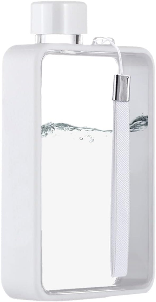 Flat Water Bottle, Portable A5 Water Bottle, 13oz Flat Travel Flask for Camping Fitness Gym (White)