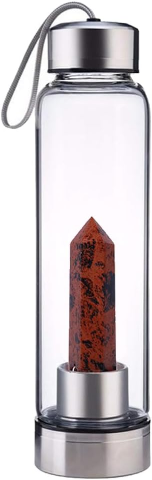 Crystal Glass Water Bottle,Water Bottle With Gemstone Center Crystal Elixir Bottle,Removable Gemstones Creative Water Cup Crystal Column Magic Wand Energy Cup for Gifts (B-Red Obsidian)