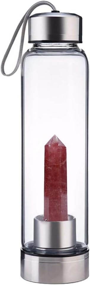 Crystal Glass Water Bottle,Water Bottle With Gemstone Center Crystal Elixir Bottle,Removable Gemstones Creative Water Cup Crystal Column Magic Wand Energy Cup for Gifts (U-Strawberry Crystal)