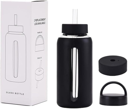 27 Oz Hydration Bottle,Minimalist Glass Water Bottle With Silicone Sleeve,Wide Mouth Opening With 2 Lids,Train Straws,Gift for Kids/Adults,Sport Glass Water Bottle for Gym/Yoga/Outdoor (Black, 27 oz)