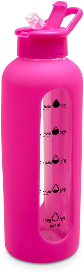 Mayim 24 Oz Glass Tumbler with Straw and Handle, Reusable Motivational Glass Water Bottle with Silicone Sleeve and Time Marker, Leak Proof Borosilicate Water Bottle -Hot Pink