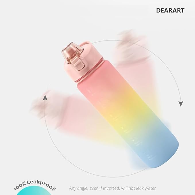 DEARART 32oz Multi Pink Water Bottle, Detachable Straw Wide Mouth Motivational & Time Marker with Handle Easy Carried, Flip Up Lid Lock Feature, Suit Travel Office Yoga Gym School Work etc.