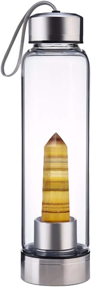 Crystal Glass Water Bottle,Water Bottle With Gemstone Center Crystal Elixir Bottle,Removable Gemstones Water Cup Crystal Column Magic Wand Energy Cup for Gifts (E-Yellow Fluorite)