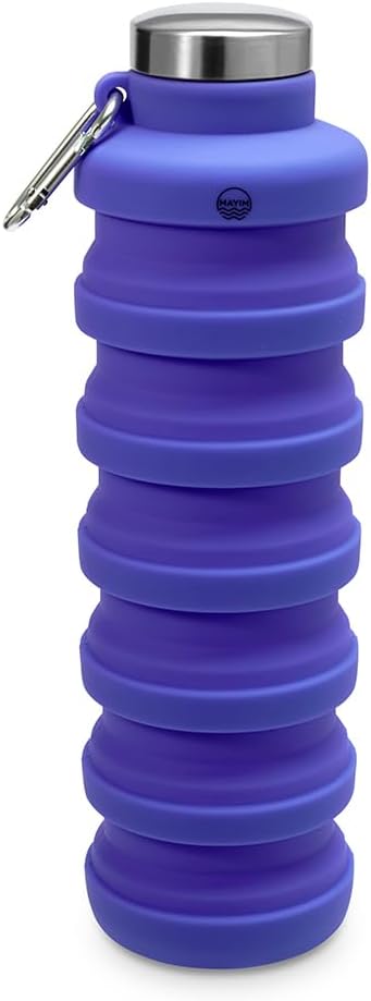 Mayim Collapsible Water Bottles Silicone Travel Tumbler with Clip for Backpack, Reusable Portable Sport Water Bottle for Gym, Camping, Hiking or Airport, 24 Oz Deep Purple