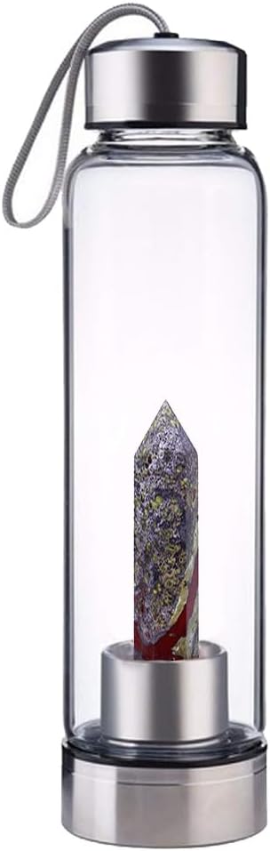 Crystal Glass Water Bottle,Water Bottle With Gemstone Center Crystal Elixir Bottle,Removable Gemstones Water Cup Crystal Column Magic Wand Energy Cup for Gifts (W-Dragonblood Stone)