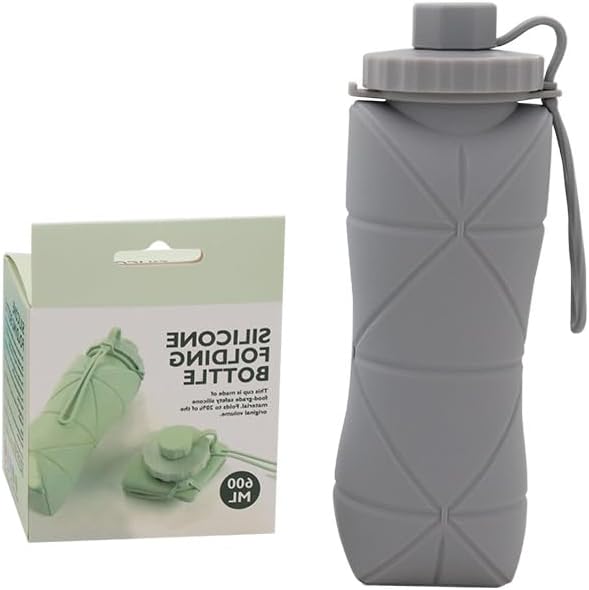 Silicone Foldable Water Bottles For Travel,Lightweight, Leakproof, and Reusable Perfect for Travel, Camping, Yoga, and Outdoor Sports,BPA Free, 20 oz （Green and grey）