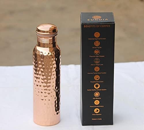 Eunoia Copper Water Bottle with Lid 32 oz, Handmade Ayurvedic Copper Bottle Water Vessel, Gym Water Bottle for Sports Exercise Yoga Fitness, Hammered Natural