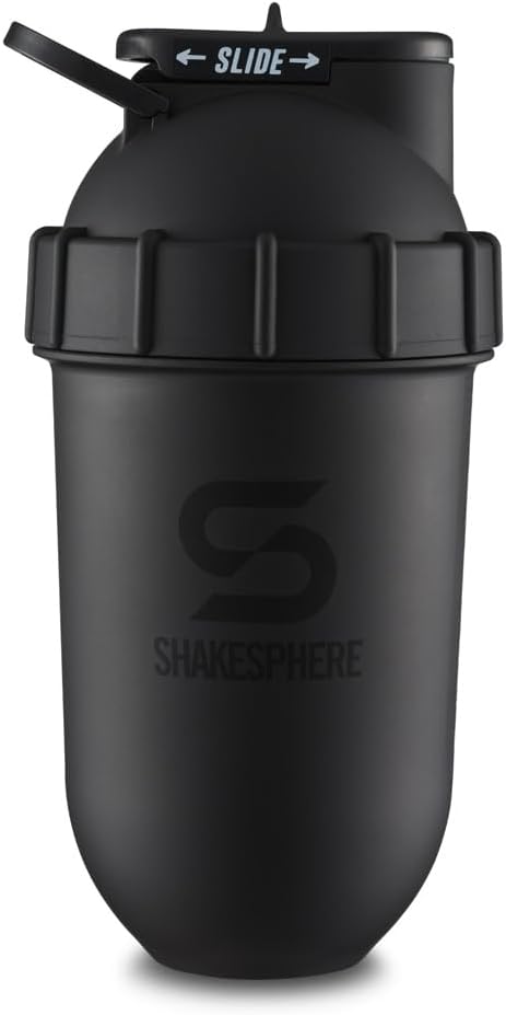 SHAKESPHERE Tumbler: Protein Shaker Bottle and Smoothie Cup, 24 oz - Bladeless Blender Cup Purees Raw Fruit with No Blending Ball - Drink Powder Mix Shake Mixer for Pre Workout, Gym (Matte Black)