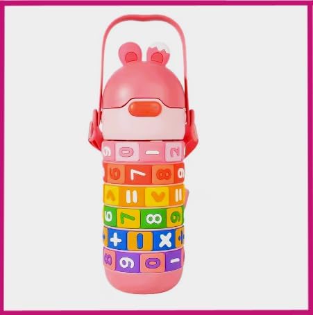 Numbers and Maths Symbols Design Kids' Water Bottle with Straw for School or Travel; 15oz (430ml) Stainless Steel water Bottle; Portable Handle with Detachable Buckle (Pink), CZMX-30031