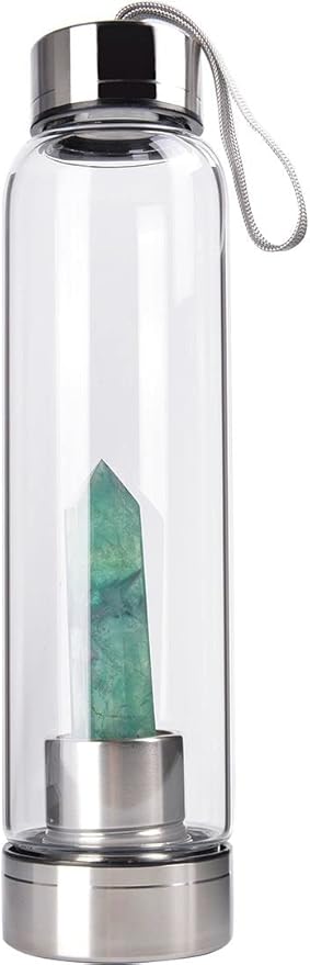 Crystal Glass Water Bottle, Glass Water Bottle with Changeable Natural Crystal Center, Quartz Gemstone Water Bottle for Natural