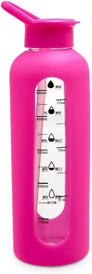 Mayim 24 Oz Glass Tumbler with Straw and Handle, Reusable Motivational Glass Water Bottle with Silicone Sleeve and Time Marker, Leak Proof Borosilicate Water Bottle -Hot Pink