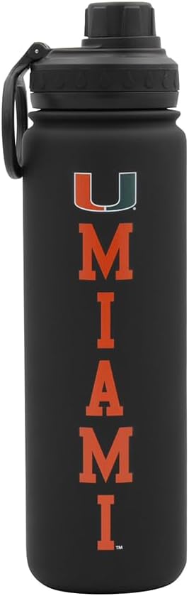 University of Miami Water Bottle - Black Double Walled Stainless Steel 24 oz Keeps Drinks Cold or Hot