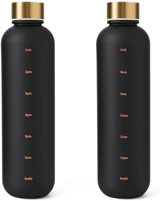 Fitness Sport Water Bottle with Carrying Strap 1000 ml / 32 oz With Time Marker Cute Motivational Water Bottles for Hiking,Travel, Sports, Home, School,Gym,Yoga,Office-Multicolor (Black)