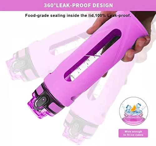 GOPPUS Glass Water Bottles with Straw and Flip Lid, Motivational Water Bottles with Time Marker Reminder and Silicone Sleeve, Leakproof, BPA Free (32 oz, Purple)