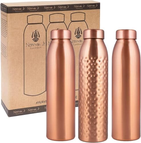 Copper Water Bottle 1Liter - Gift Box of 3, Plain 2, Hammered 1, an Ayurvedic vessel made of pure copper - helps you drink more water with many health benefits