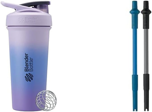 BlenderBottle Strada Sleek 25-Ounce Insulated Stainless Steel Water Bottle and Stay-In-Bottle Reusable Silicone Straws for Shaker Bottles (2 Pack)