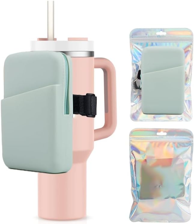 Water Bottle Pouch silicone Gym Tumbler Accessories for Stanley Quencher, IceFlow Simple Modern tumbler20 oz 30 oz 40 oz, with pocket for storage for Phone, Card, Key, Wallet (Mint Green)