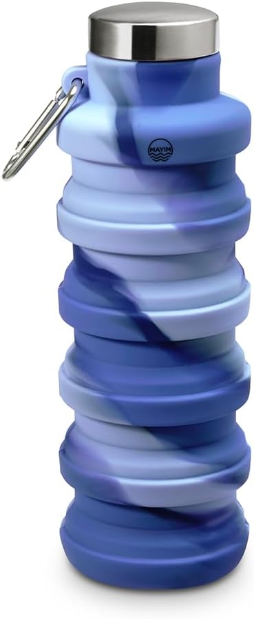 Mayim Collapsible Water Bottles Silicone Travel Tumbler with Clip for Backpack, Reusable Portable Sport Water Bottle for Gym, Camping, Hiking or Airport, 17 Oz Blues Tie Dye