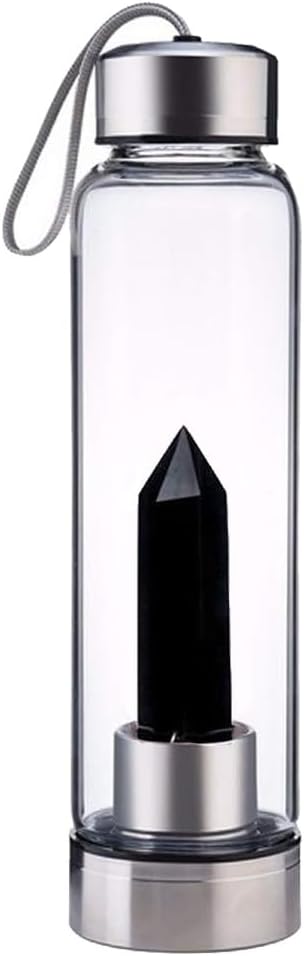 Crystal Glass Water Bottle,Water Bottle With Gemstone Center Crystal Elixir Bottle,Removable Gemstones Creative Water Cup Crystal Column Magic Wand Energy Cup for Gifts (A-Obsidian)