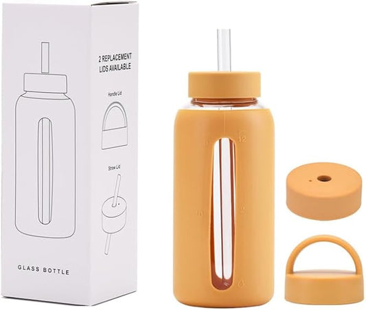 27 Oz Hydration Bottle,Minimalist Glass Water Bottle With Silicone Sleeve,Wide Mouth Opening With 2 Lids,Train Straws,Gift for Kids/Adults,Sport Glass Water Bottle for Gym/Yoga/Outdoor (Yellow, 27 oz)