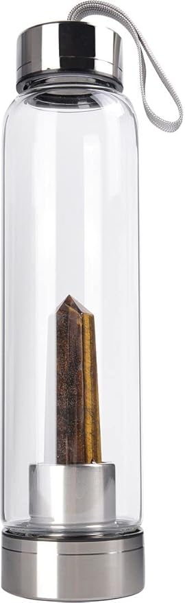 Crystal Glass Water Bottle, Glass Water Bottle with Changeable Natural Crystal Center, Quartz Gemstone Water Bottle for Natural