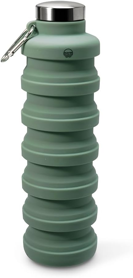 Mayim Collapsible Water Bottles Silicone Travel Tumbler with Clip for Backpack, Reusable Portable Sport Water Bottle for Gym, Camping, Hiking or Airport, 24 Oz Green Sage