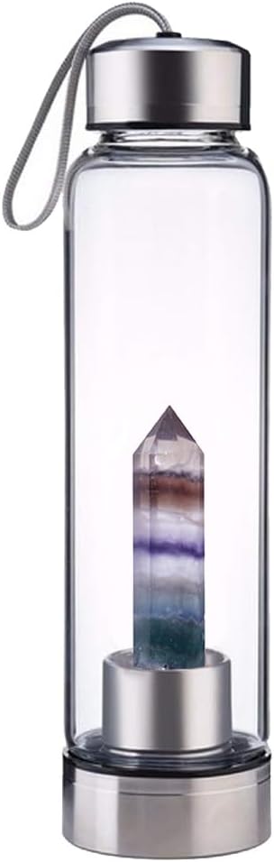 Crystal Glass Water Bottle,Water Bottle With Gemstone Center Crystal Elixir Bottle,Removable Gemstones Water Cup Crystal Column Magic Wand Energy Cup for Gifts (T-Bright Colorful Fluorite)