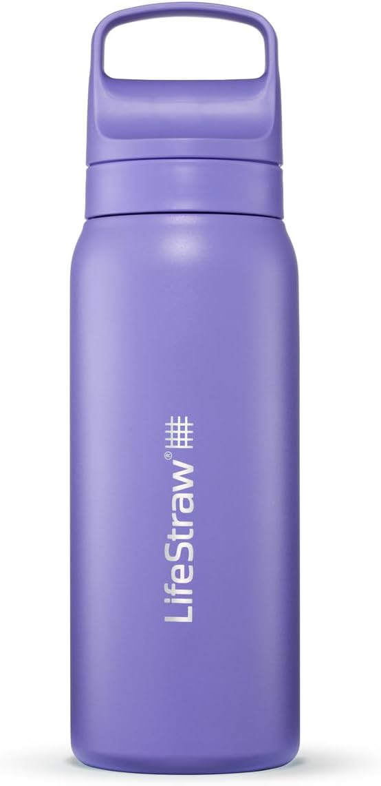 LifeStraw Go Series – Insulated Stainless Steel Water Filter Bottle for Travel and Everyday Use, 24oz Thistle Purple