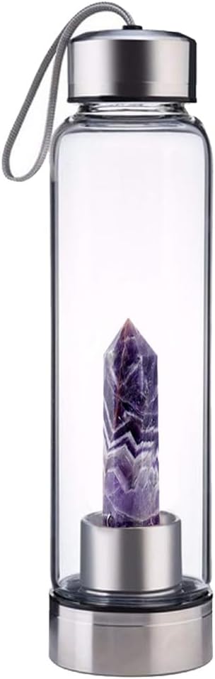 Crystal Glass Water Bottle,Water Bottle With Gemstone Center Crystal Elixir Bottle,Removable Gemstones Water Cup Crystal Column Magic Wand Energy Cup for Gifts (R-Dream Amethyst)