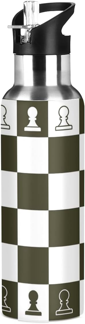 Chess Sports Water Bottle, Double Wall Vacuum Insulated Stainless Steel Water Bottle with Straw Keeps Hot and Cold, Bike Running Sports Travel Gym 20oz