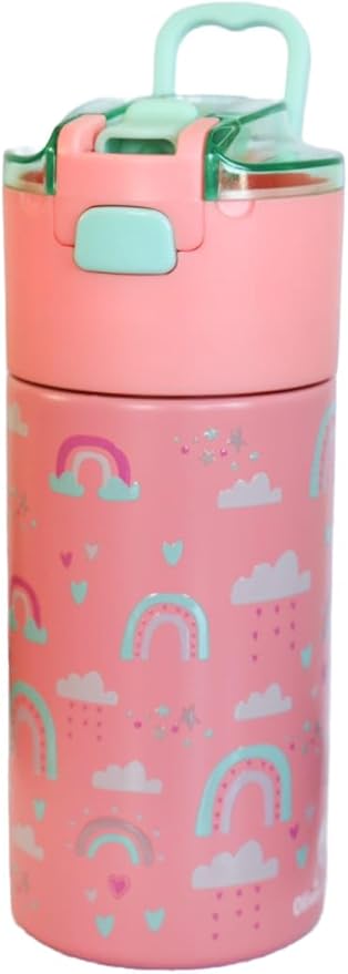 Kids insulated water bottle with straw and snack cup. Double wall stainless steel 14oz (Hot peach and light turquoise green rainbow)