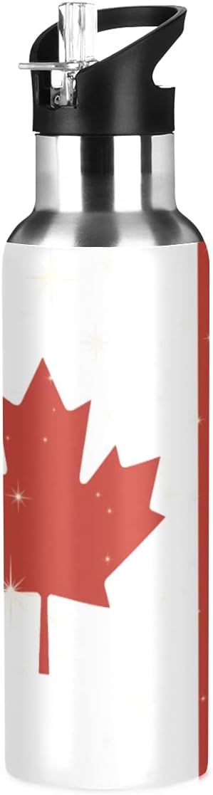 Canadian Flag Sports Water Bottle, Double Wall Vacuum Insulated Stainless Steel Water Bottle with Straw Keeps Hot and Cold, Bike Running Sports Travel Gym 20oz