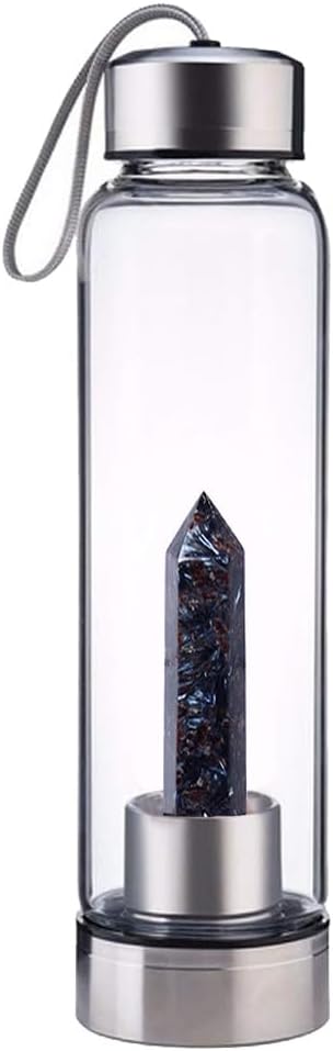 Crystal Glass Water Bottle,Water Bottle With Gemstone Center Crystal Elixir Bottle,Removable Gemstones Water Cup Crystal Column Magic Wand Energy Cup for Gifts (V-Fireworks Stone)