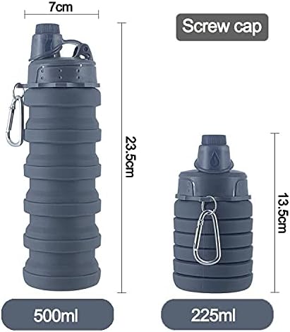 Collapsible Water Bottles 500 ml with silicone collapsible cup 200 ml.Travel Water Bottle Portable Hiking Water Bottle Reusable BPA Free Silicone Water Bottles.(Black+Grey)
