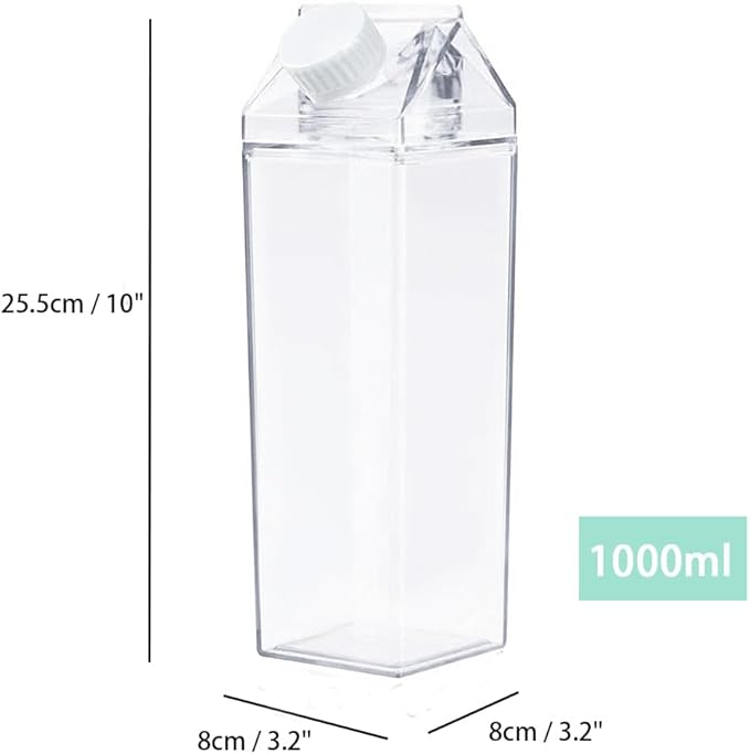 Jinberry 1000ml/34oz Cute Leakproof Clear Milk Carton Water Bottle Portable Drinkware for Outdoor Climbing Tour or Camping