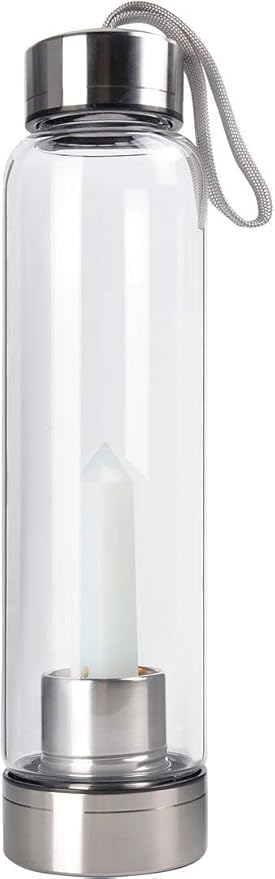 Crystal Glass Water Bottle, Glass Water Bottle with Changeable Natural Crystal Center, Quartz Gemstone Water Bottle for Natural