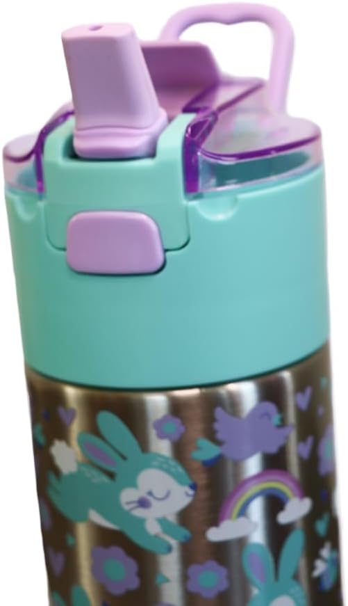 Kids insulated water bottle with straw and snack cup. Double wall stainless steel 14oz (lilac and turquoise bunnie)