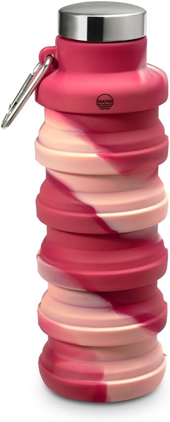Mayim Collapsible Water Bottles Silicone Travel Tumbler with Clip for Backpack, Reusable Portable Sport Water Bottle for Gym, Camping, Hiking or Airport, 17 Oz Pink & Mauve Tie Dye